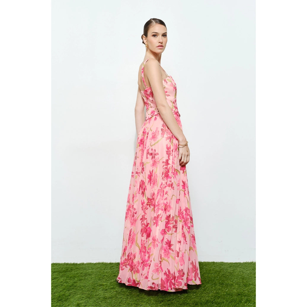 Romantic Floral Sheer Sleeveless Corset Maxi Dress