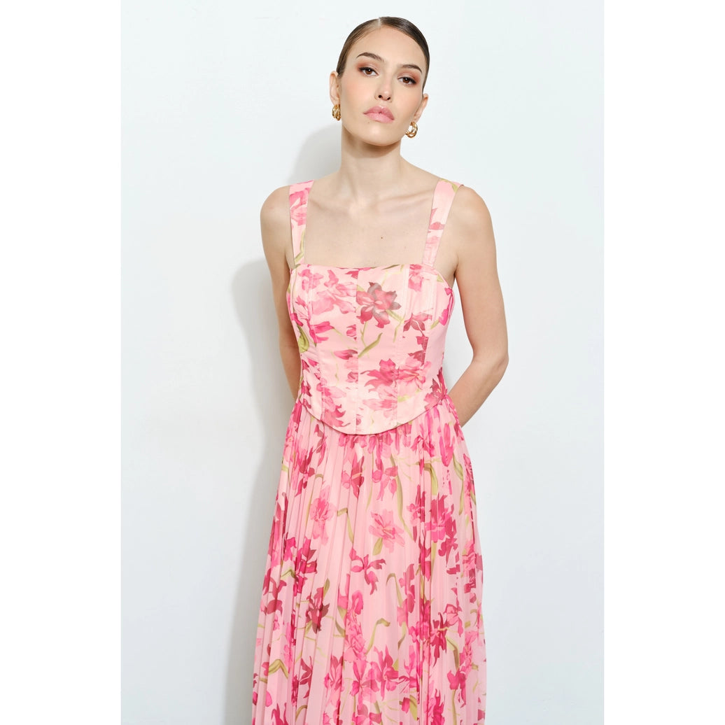 Romantic Floral Sheer Sleeveless Corset Maxi Dress