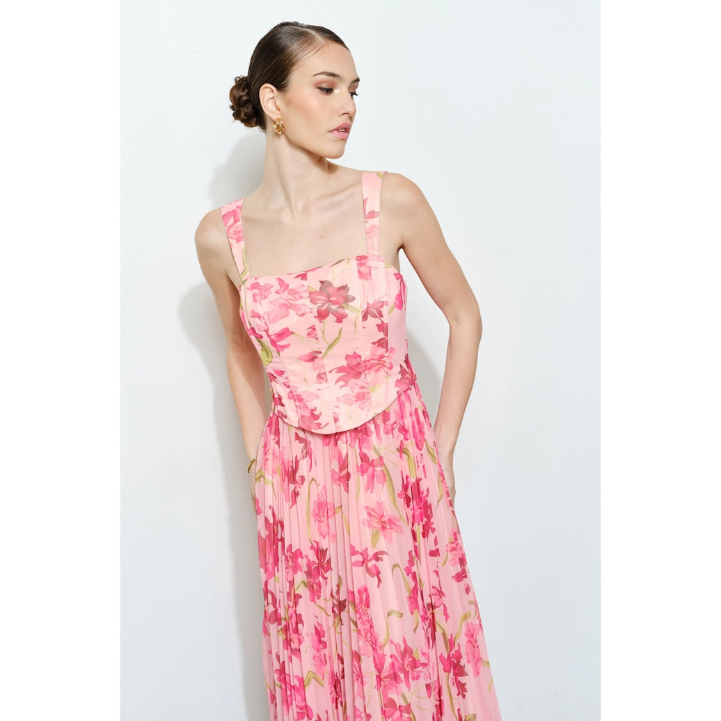 Romantic Floral Sheer Sleeveless Corset Maxi Dress