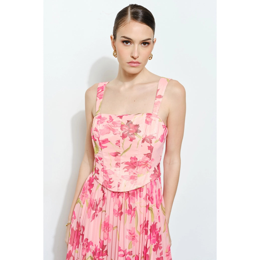 Romantic Floral Sheer Sleeveless Corset Maxi Dress