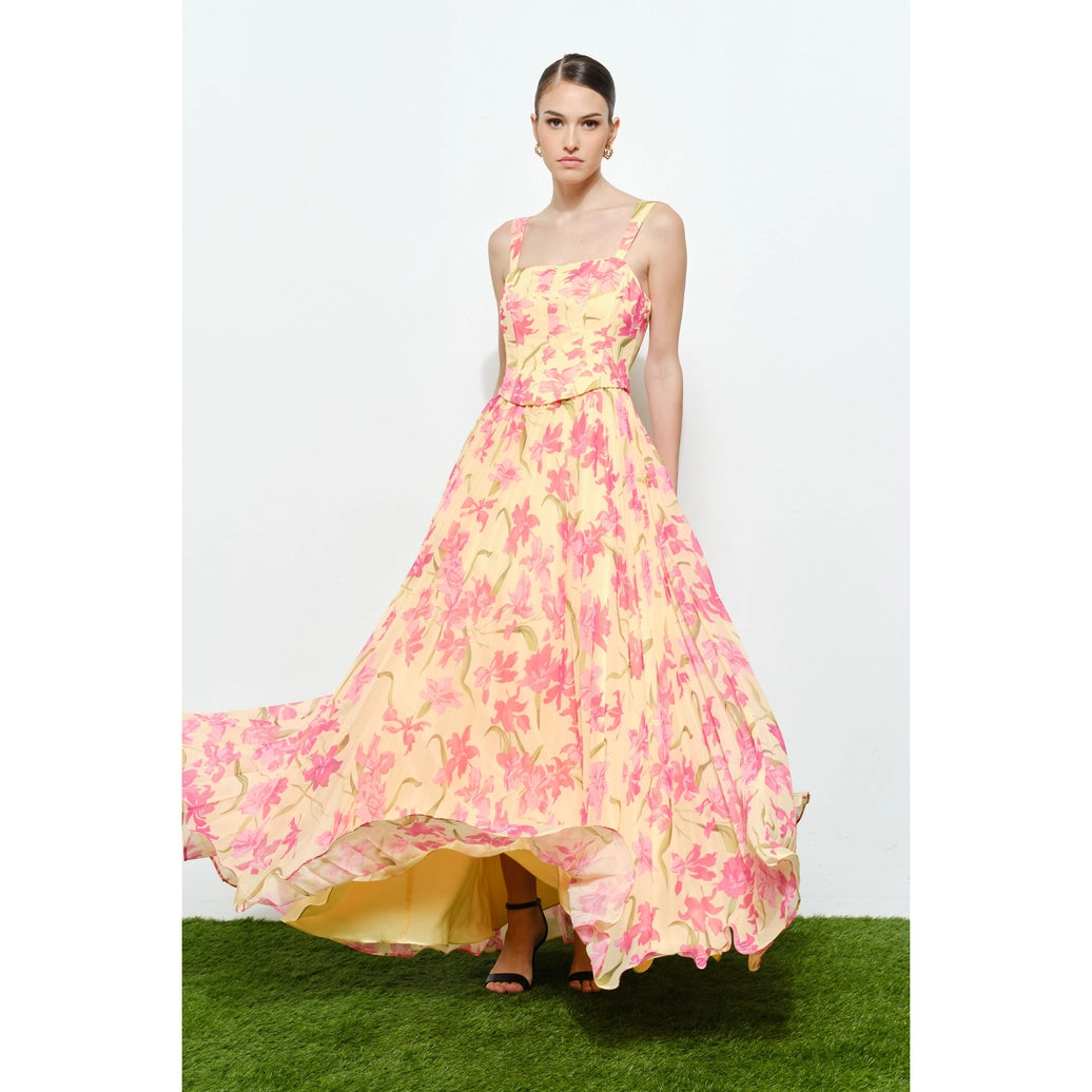 Romantic Floral Sheer Sleeveless Corset Maxi Dress