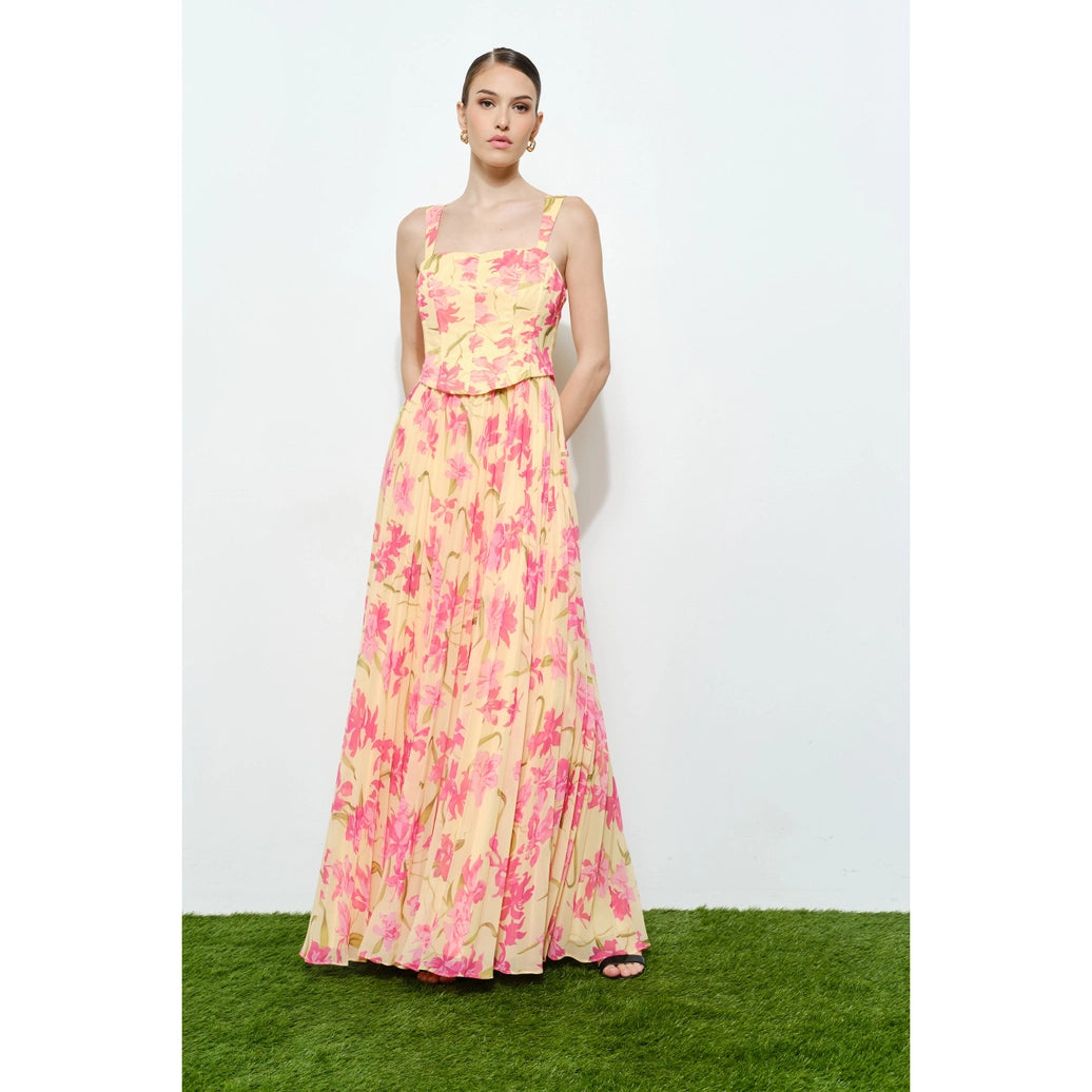 Romantic Floral Sheer Sleeveless Corset Maxi Dress