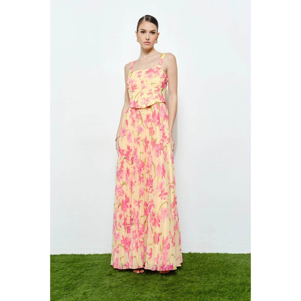 Romantic Floral Sheer Sleeveless Corset Maxi Dress