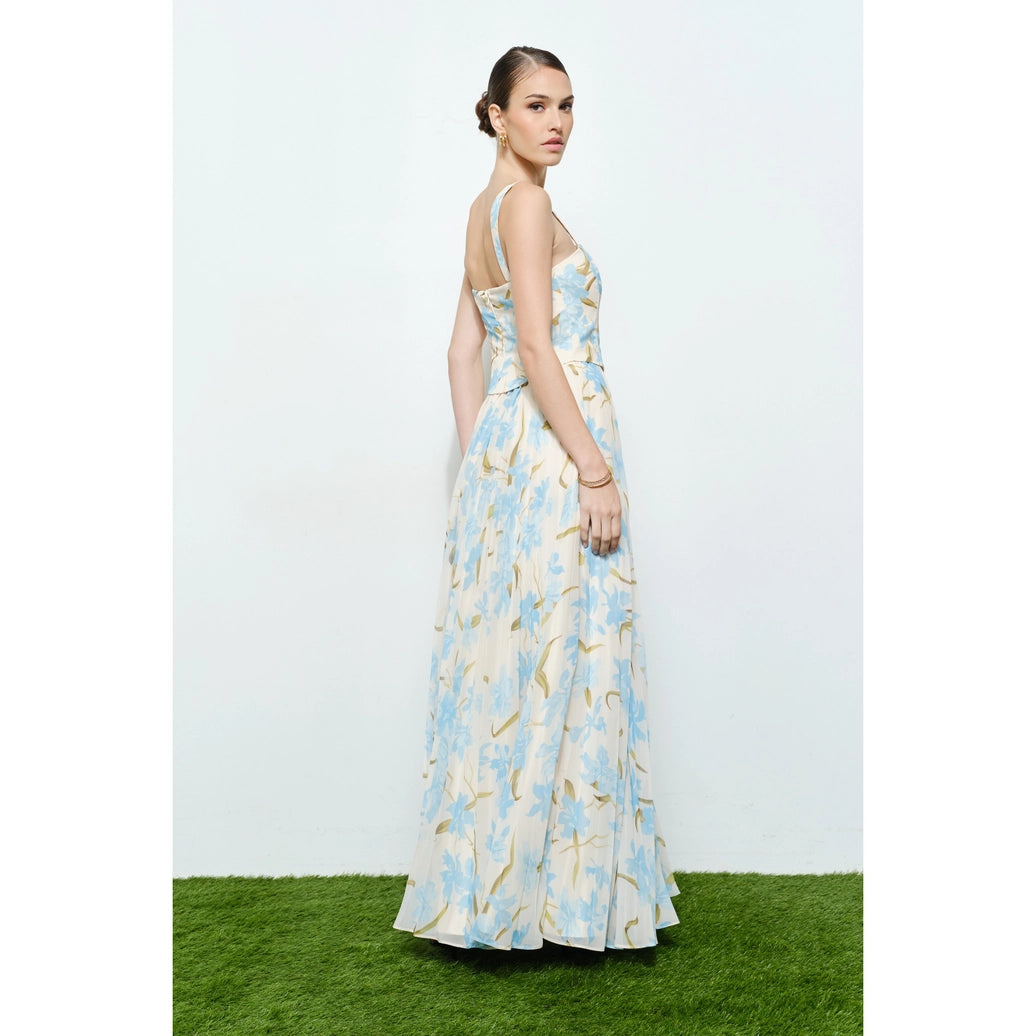 Romantic Floral Sheer Sleeveless Corset Maxi Dress