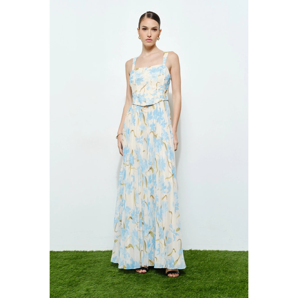 Romantic Floral Sheer Sleeveless Corset Maxi Dress