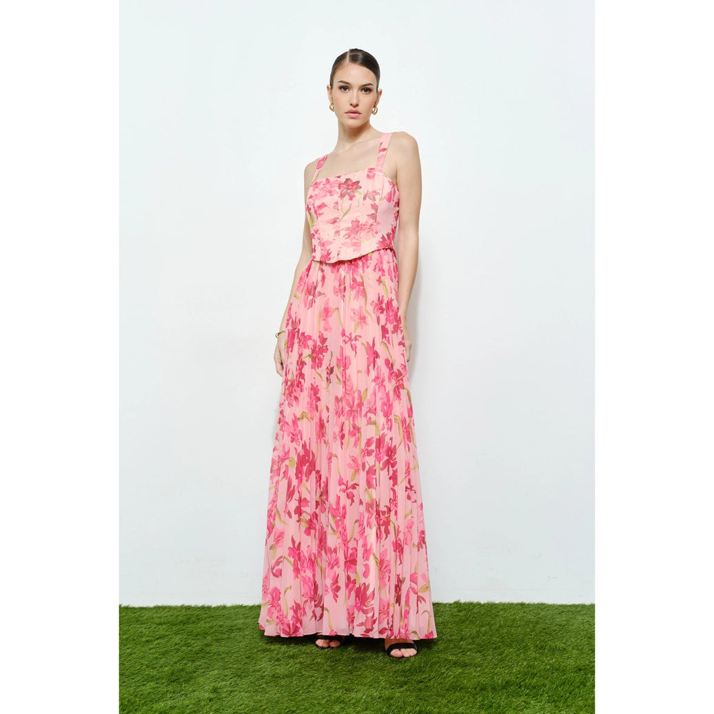Romantic Floral Sheer Sleeveless Corset Maxi Dress