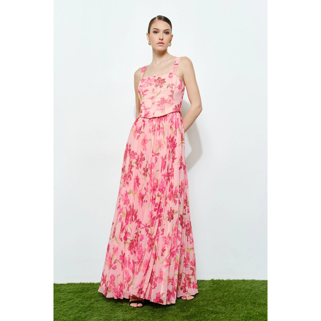 Romantic Floral Sheer Sleeveless Corset Maxi Dress