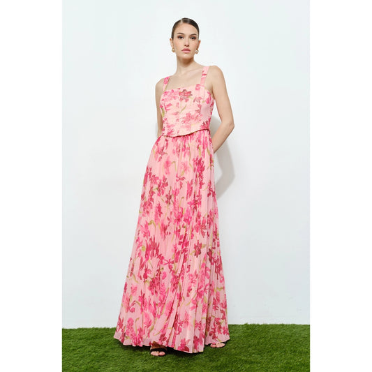Romantic Floral Sheer Sleeveless Corset Maxi Dress