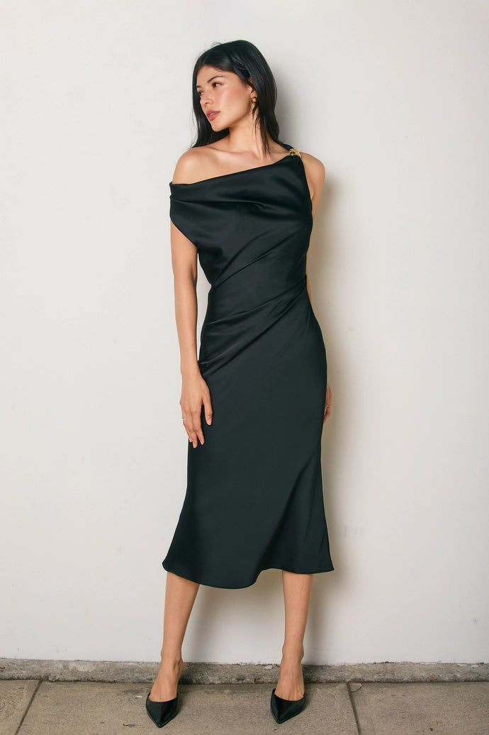 Satin Metal Trim Cowl Ruched Midi Dress