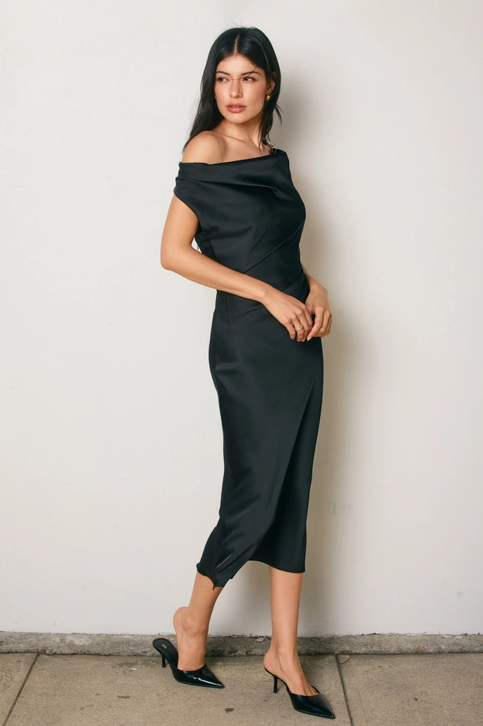 Satin Metal Trim Cowl Ruched Midi Dress