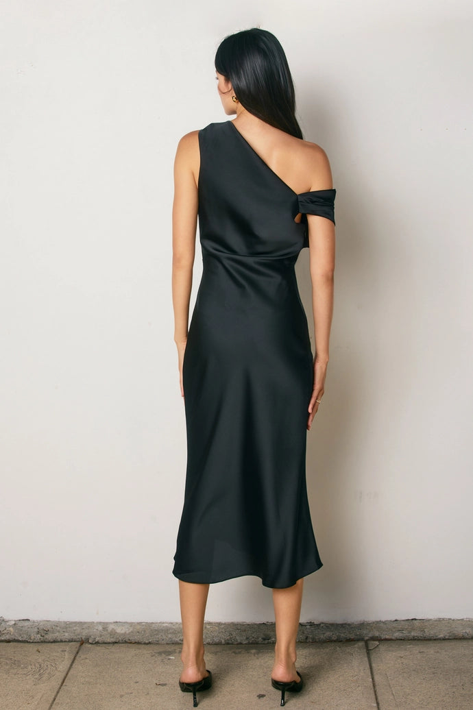 Satin Metal Trim Cowl Ruched Midi Dress
