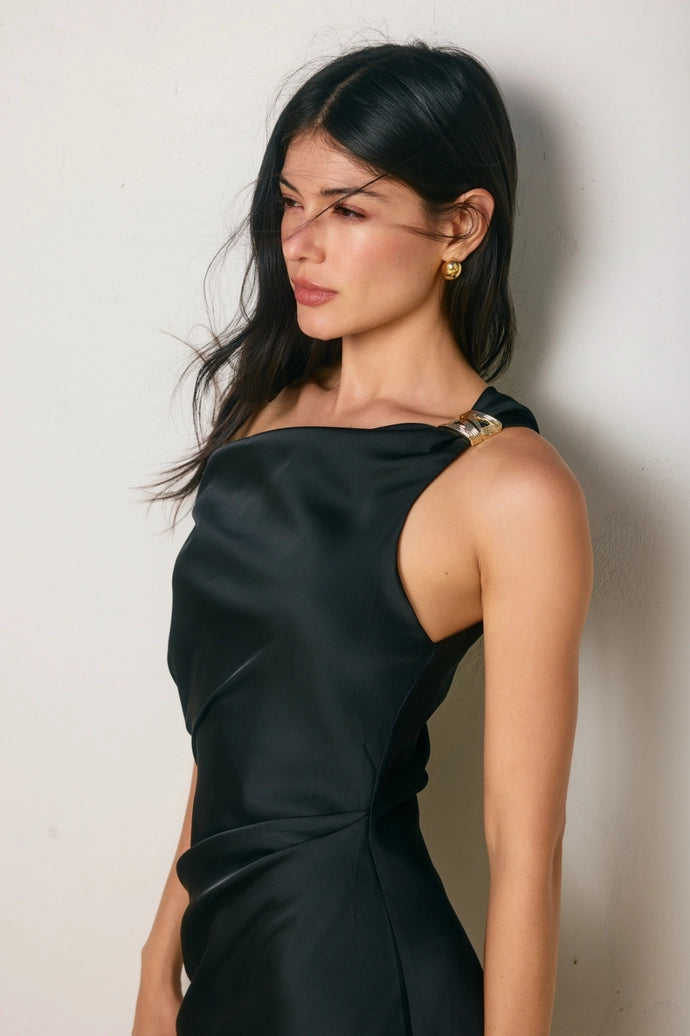 Satin Metal Trim Cowl Ruched Midi Dress