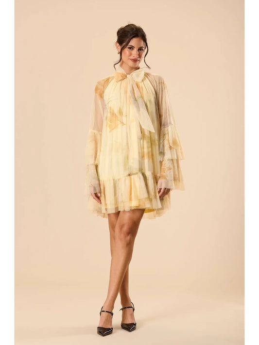 Sienna Tulle Mini Dress in Golden Petal Print