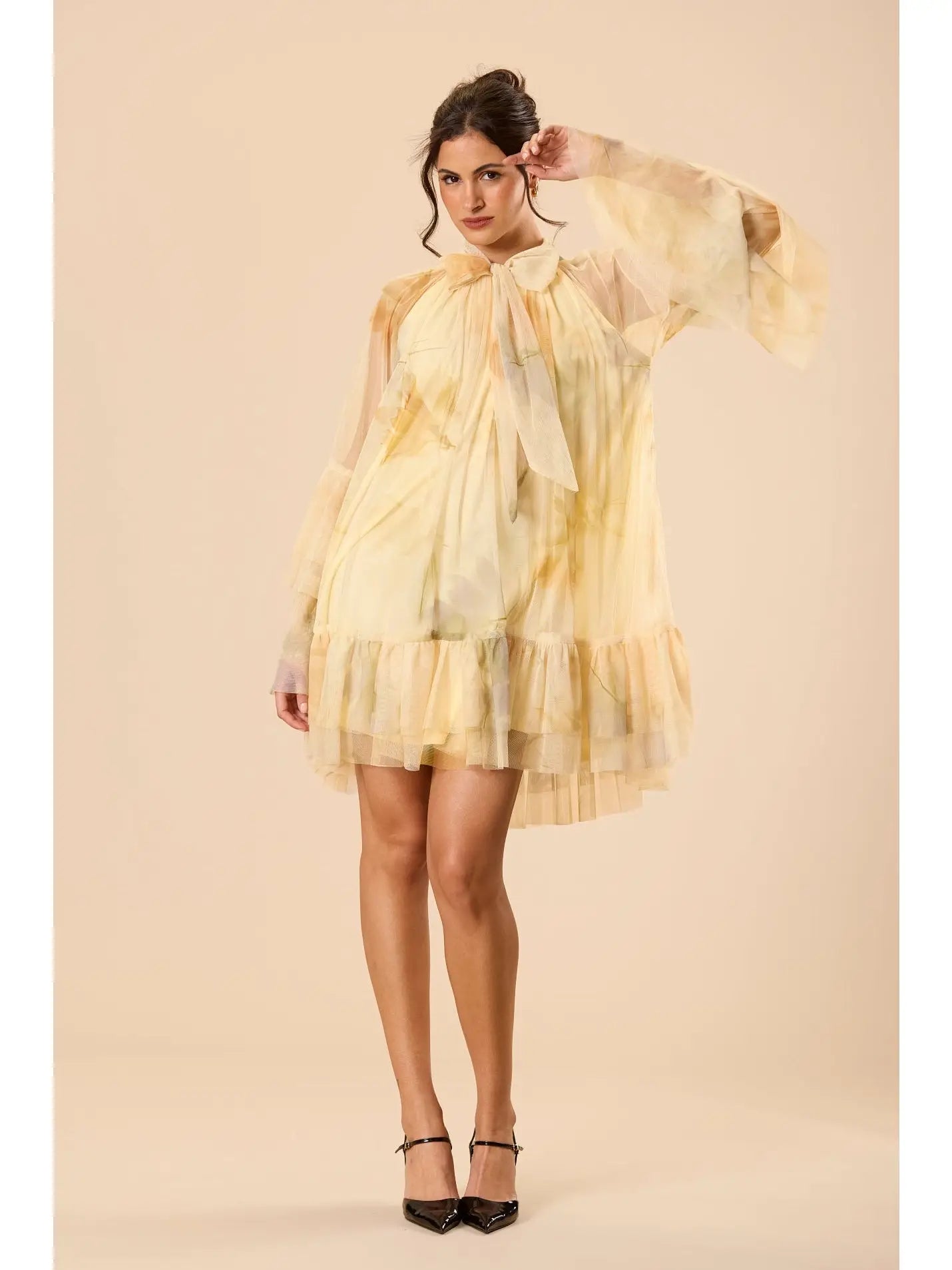 Sienna Tulle Mini Dress in Golden Petal Print