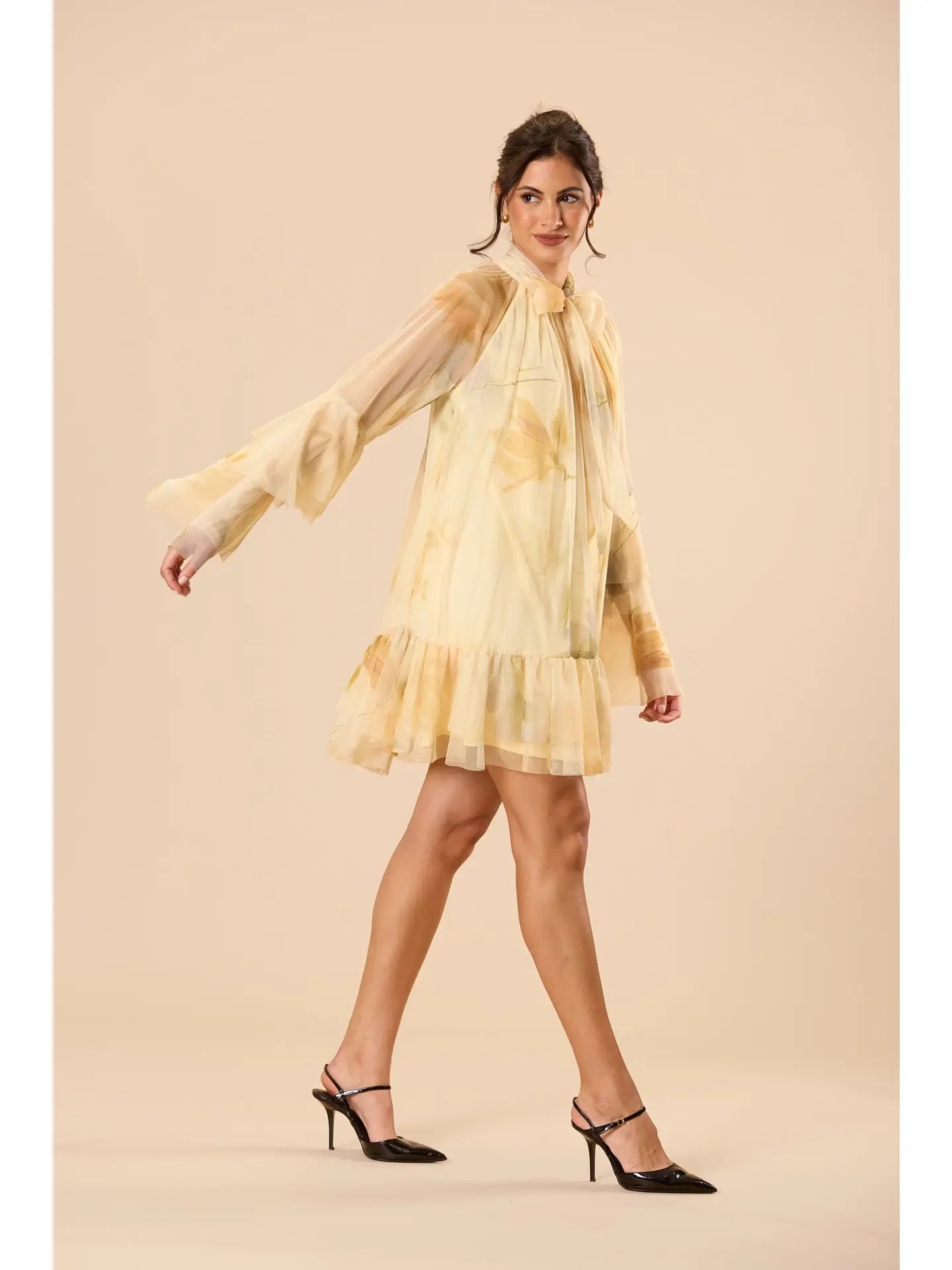 Sienna Tulle Mini Dress in Golden Petal Print