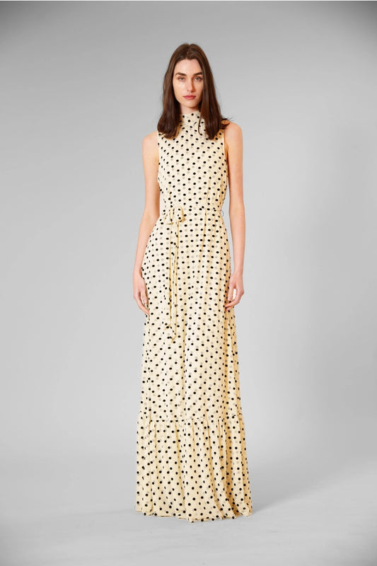 Tie Neck Polka Dot Mesh/ Overlay Dress W Sash