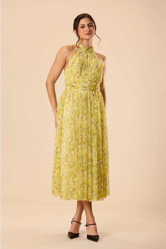 Vera Tulle Midi Dress in Yellow Floral