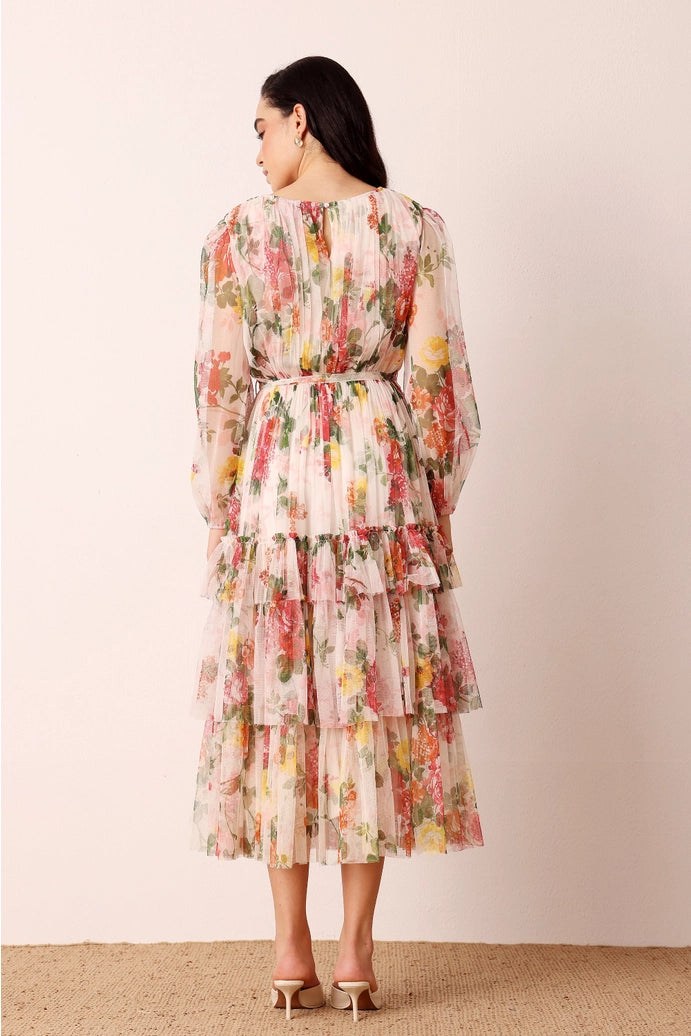 Rebecca cream floral tulle dress