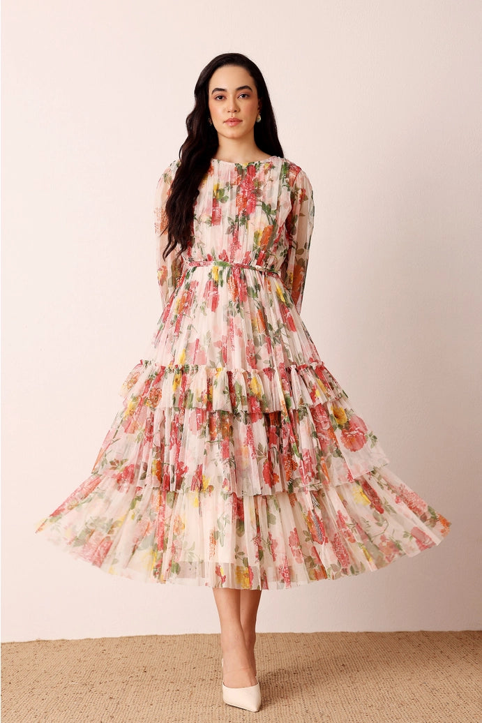 Rebecca cream floral tulle dress