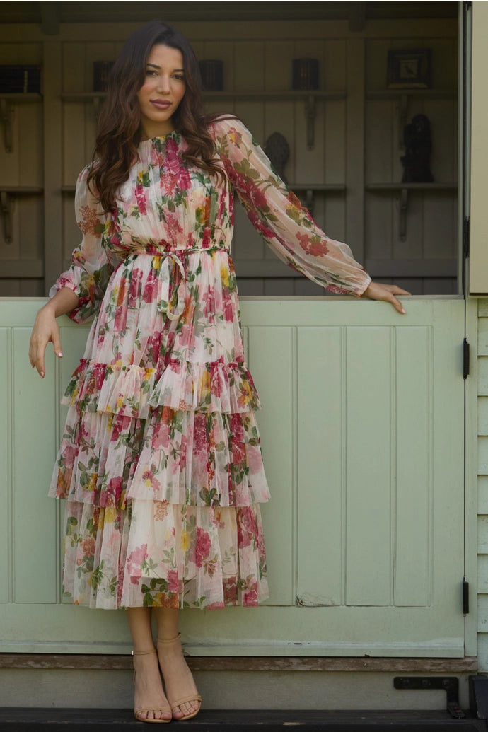 Rebecca cream floral tulle dress